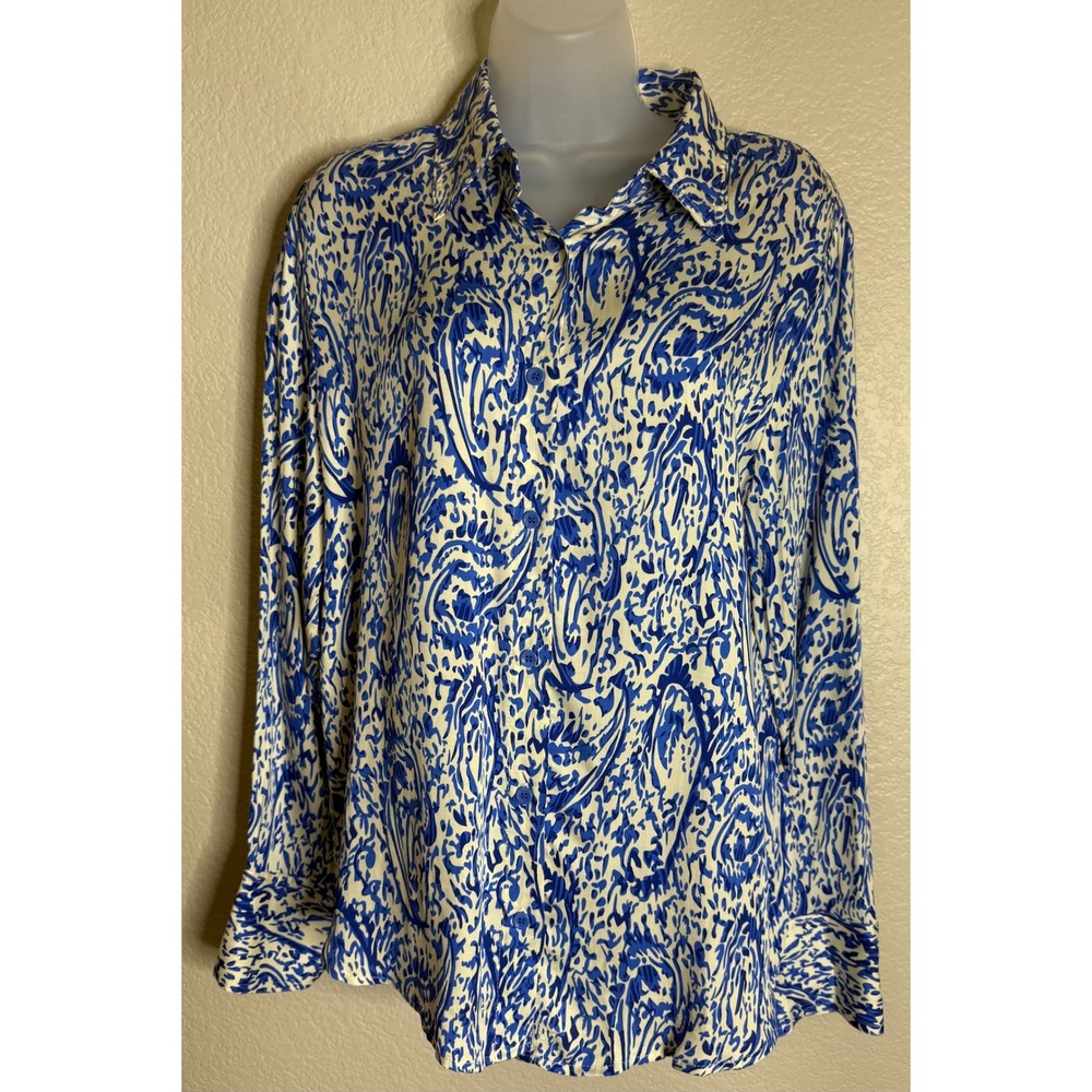 Magaschoni Womens L Button Down Shirt Blue Paisley Long Sleeve Viscose Blouse